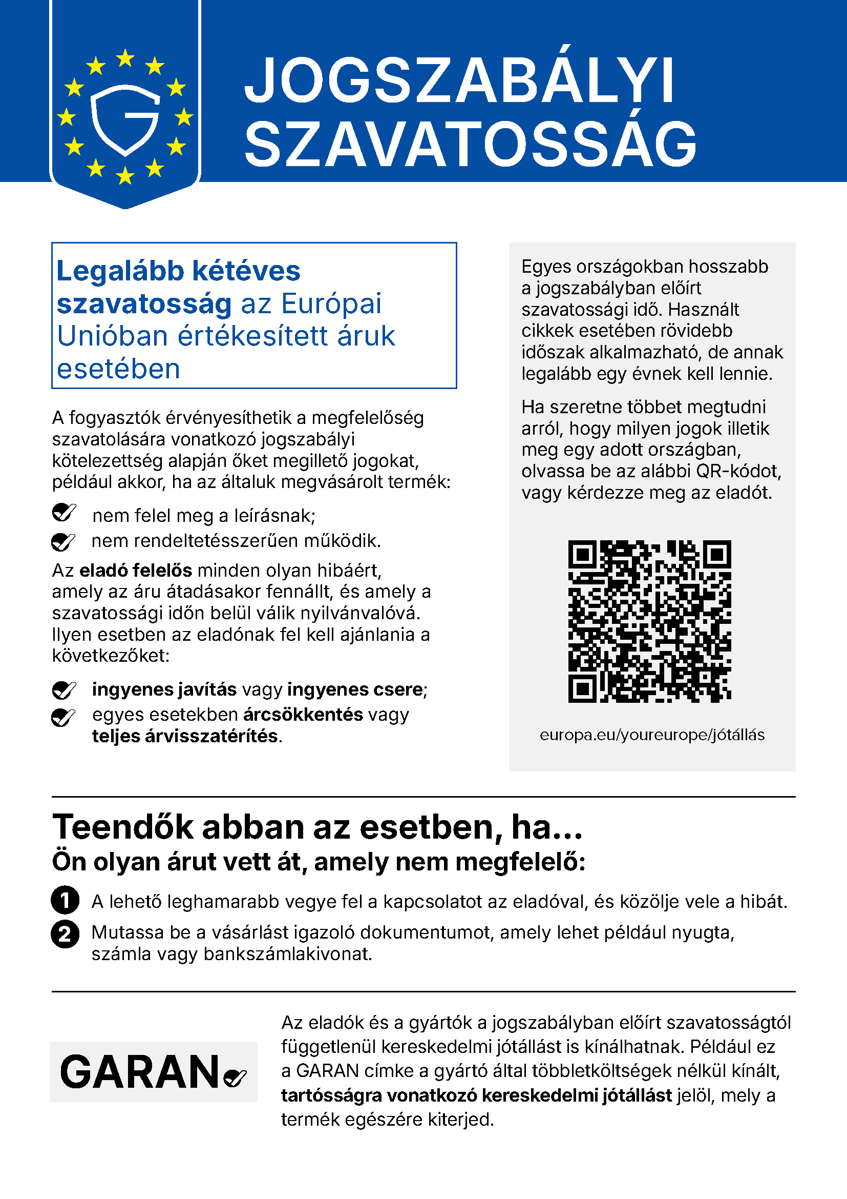 EU harmonizált értesítés a kellékszavatosságról