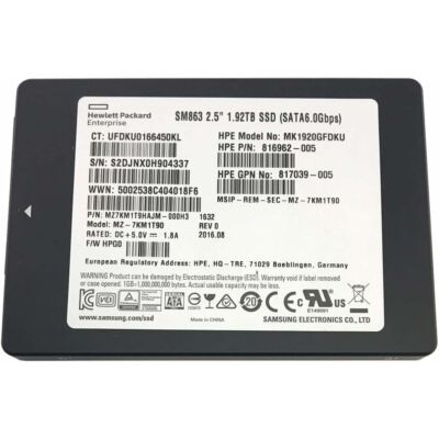HPE OEM MK1920GFDKU Samsung SM863 MZ7KM1T9HAJM-000H3 1.92TB SATA 6Gbps Mixed Use 2.5